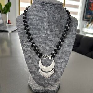 Marlyn Schiff NWOT Silver and Black Beaded Necklace with Crescent Pendant